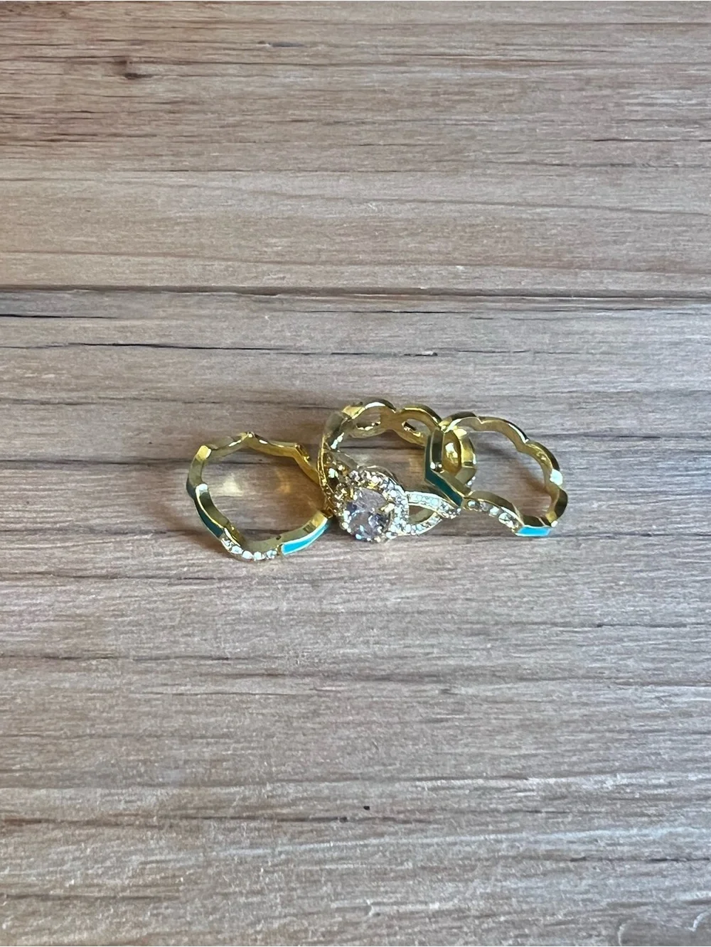 Gold-Tone Clear Oval Stone Center  Turquoise Accents Triple Band Ring Size 7